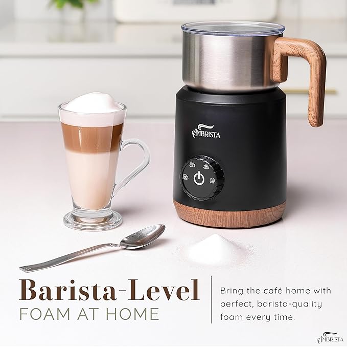 AMBRISTA All in One 16oz Stainless Steel Electric Milk Frother | Foam Maker for Coffee | Hot and Cold Froth, Heated Milk, Hot Chocolate and More | Dishwasher Safe and Easy to Clean