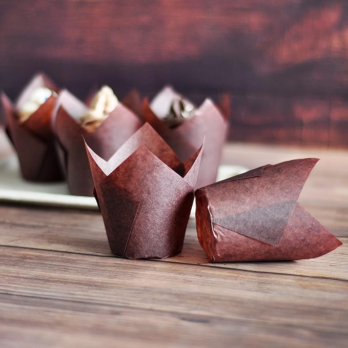 MyBakning Large size Brown Tulip Baking Cups 2-1/4"(Base diameter) x 4"(Wall height) Greaseproof paper baking cupcake Muffin liners, Case of 130 pcs