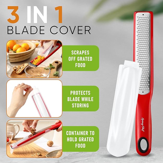 Spring Chef Stainless Steel Lemon Zester - Garlic & Ginger Grater - Red
