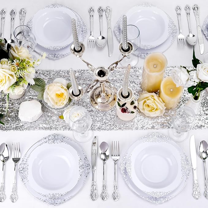 Joyido 100PCS Silver Plastic Bowls - 12 oz Silver Disposable Salad Bowls - Heavy Duty Disposable Soup Bowl - Fancy Plastic Ice Cream Bowl for Weddings Parties Dinners Picnics