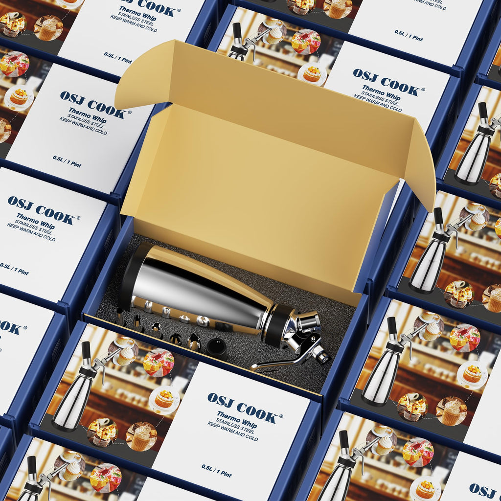 Whipped Cream Dispenser Stainless Steel Keep Warm and Cold,500mL/1 Pint Double Wall Thermos Whipped Cream Maker,5 Various Stainless Decorating Nozzles,1 Cleaning Brush,N2O Chargers NOT Included