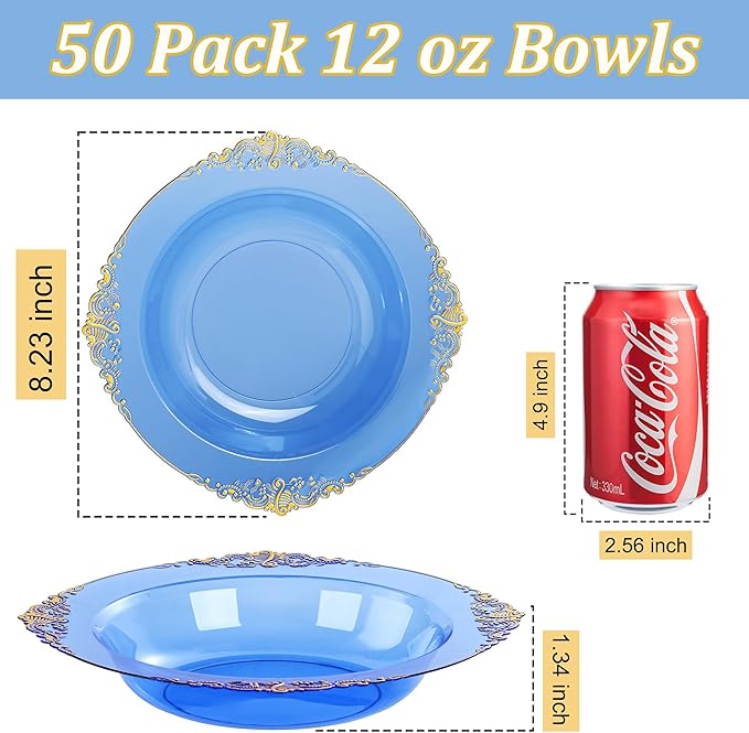 Nervure 50PCS Blue Plastic Bowls with Gold Rim - 12oz Disposable Soup Bowls
