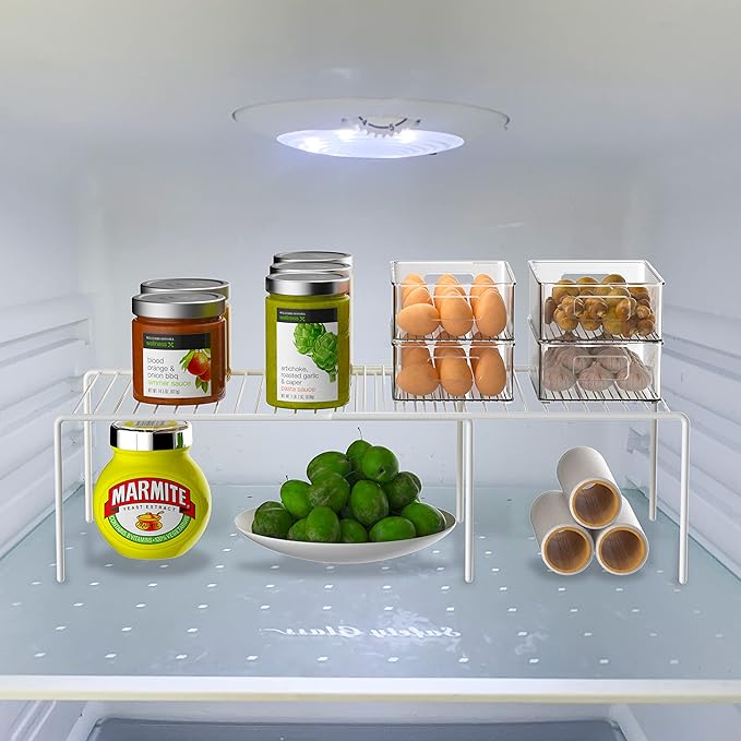 iPEGTOP Freezer Cabinet Storage Shelf Set of 4, 8 Pieces Expandable Metal Rustproof Spice Rack, Adjustable Kitchen Organizer Counter Fridge Pantry Shelf Space Saver (White)