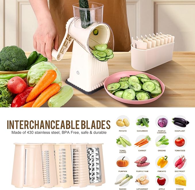 YHBRAK Rotary Cheese Grater with 5 Well-designed Blades & Strong Suction Base, Kitchen Mandoline Vegetable Slicer with Blade Storage Box(Off-white)