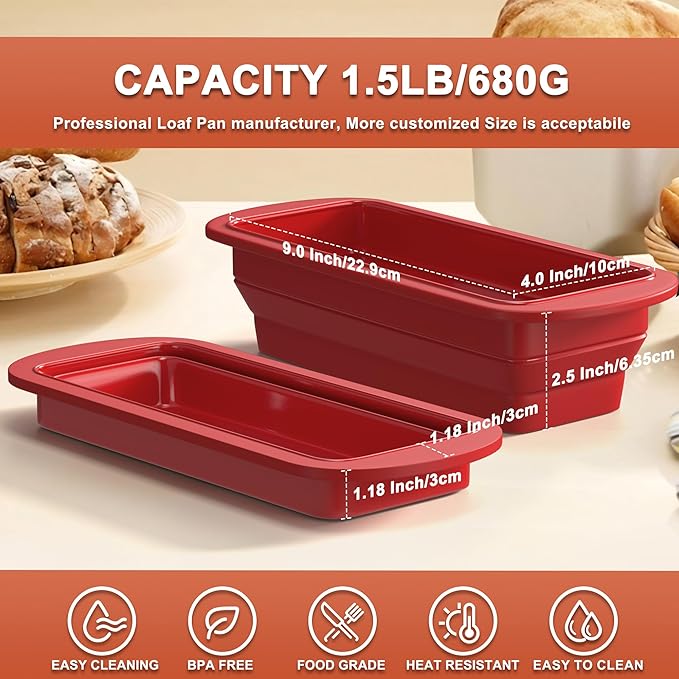 2 Packs of Collapsible Silicone Bread Loaf Pan With Foldable Function and Metal Reinforced Frame,Rectangular Non-Stick Baking Mold Pans for Oven, Bread, Cake, Easy Release(9"x4"x2.5", Red, 2 Pieces)