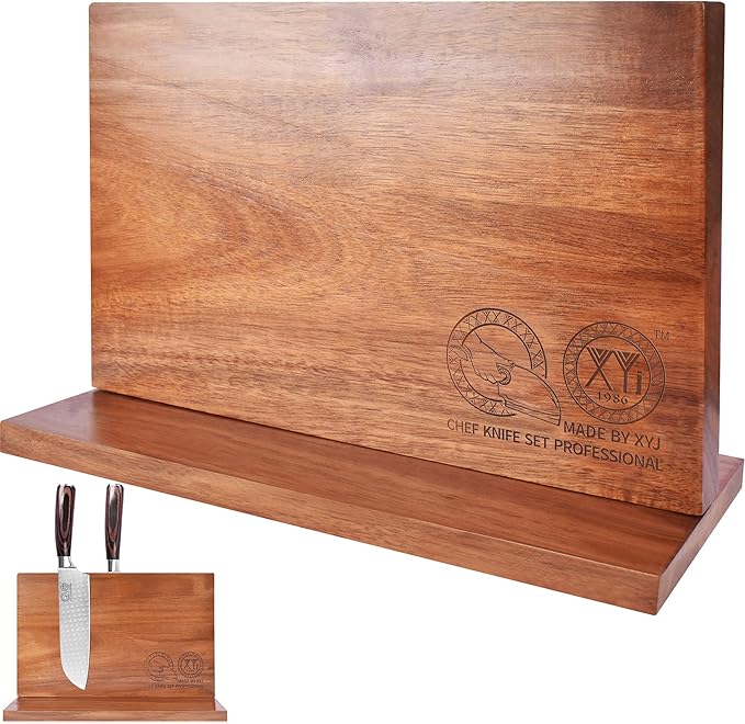XYJ Magnetic Knife Block, Acacia Wood Knife Holder with Strong Magnets