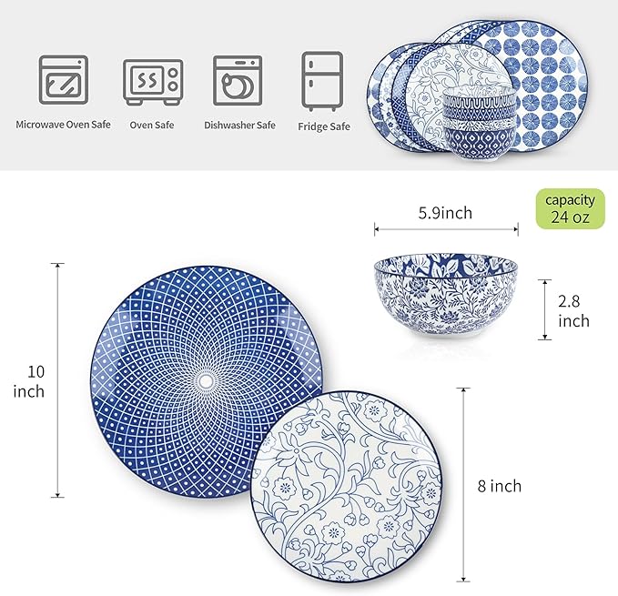 Selamica Ceramic Dinnerware Sets, 12 pcs Plates and Bowls Sets,Vintage Blue