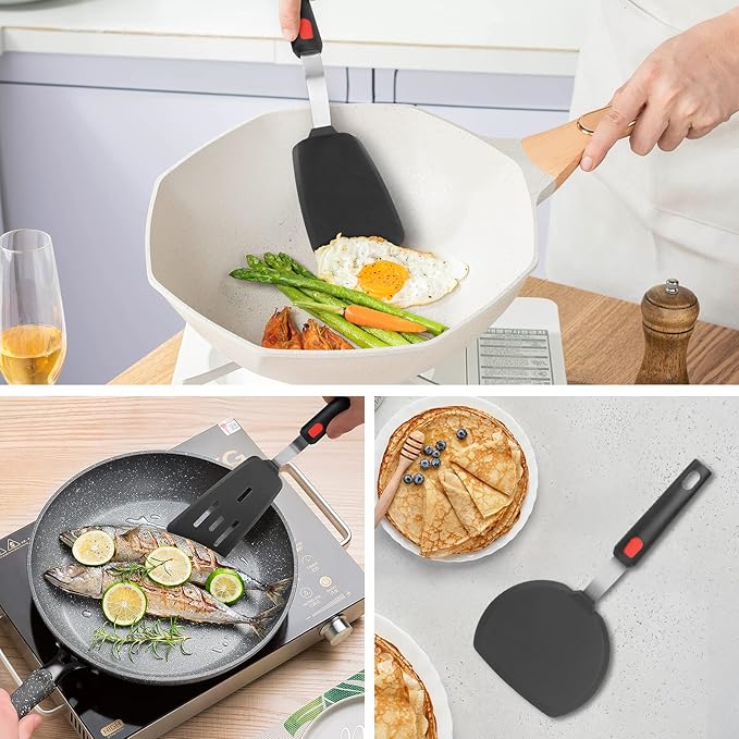 HOTEC Silicone Spatula Turner Set of 3, Heat Resistant 600°F & BPA-Free Flexible Rubber Spatulas for Nonstick Cookware, Kitchen Utensils for Flipping Eggs, Fish, Burgers, Pancakes, Cookie, Crepes