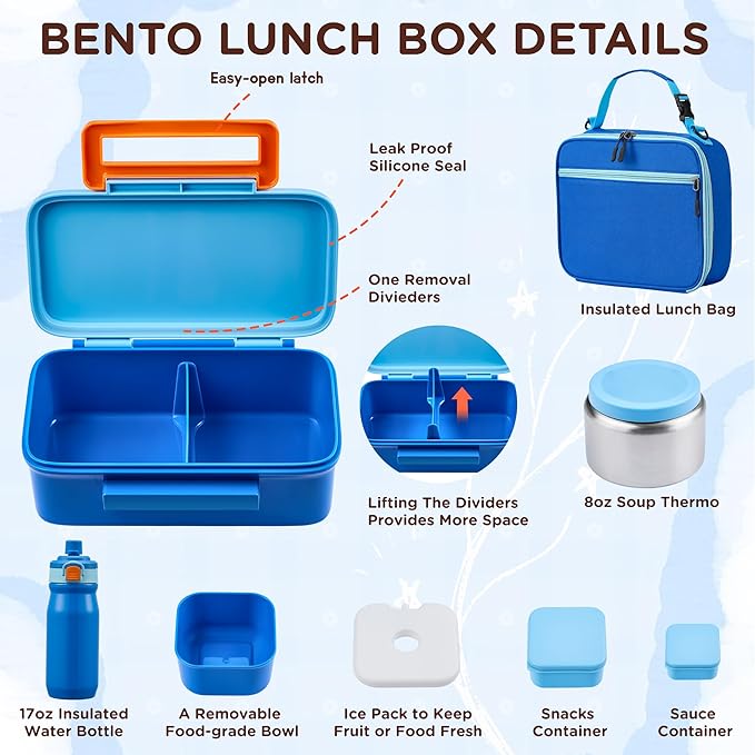 JXXM Bento Lunch Box for Kids With 8oz Thermo, Leakproof Bento Box with with 2 Compartments, Insulated Bottle, Lunch Bag, BPA Free Dishwasher Safe for School Girls Boys (Blue)