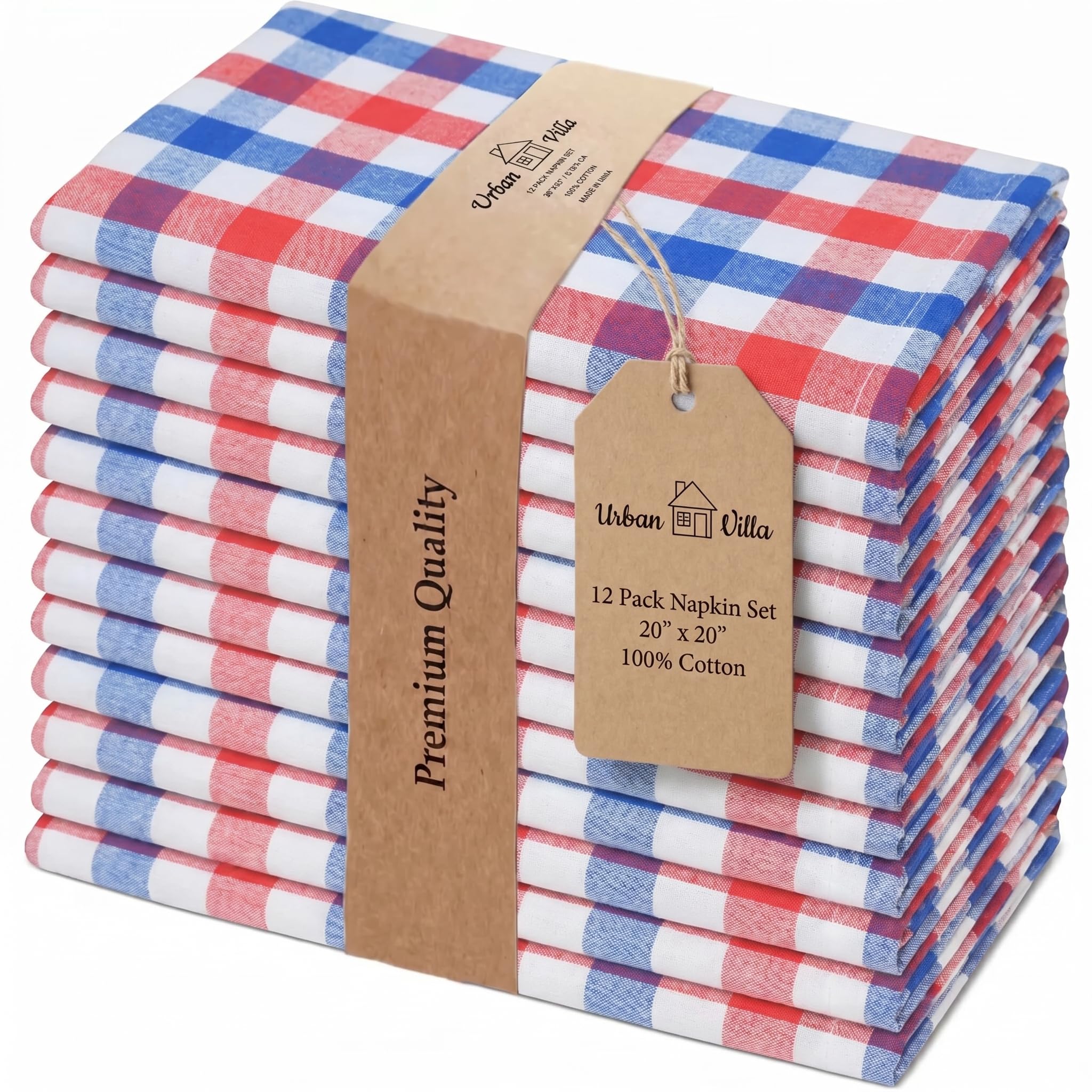 Urban Villa Cloth Napkins July4th 20x20 (Set of 12) Red/Blue