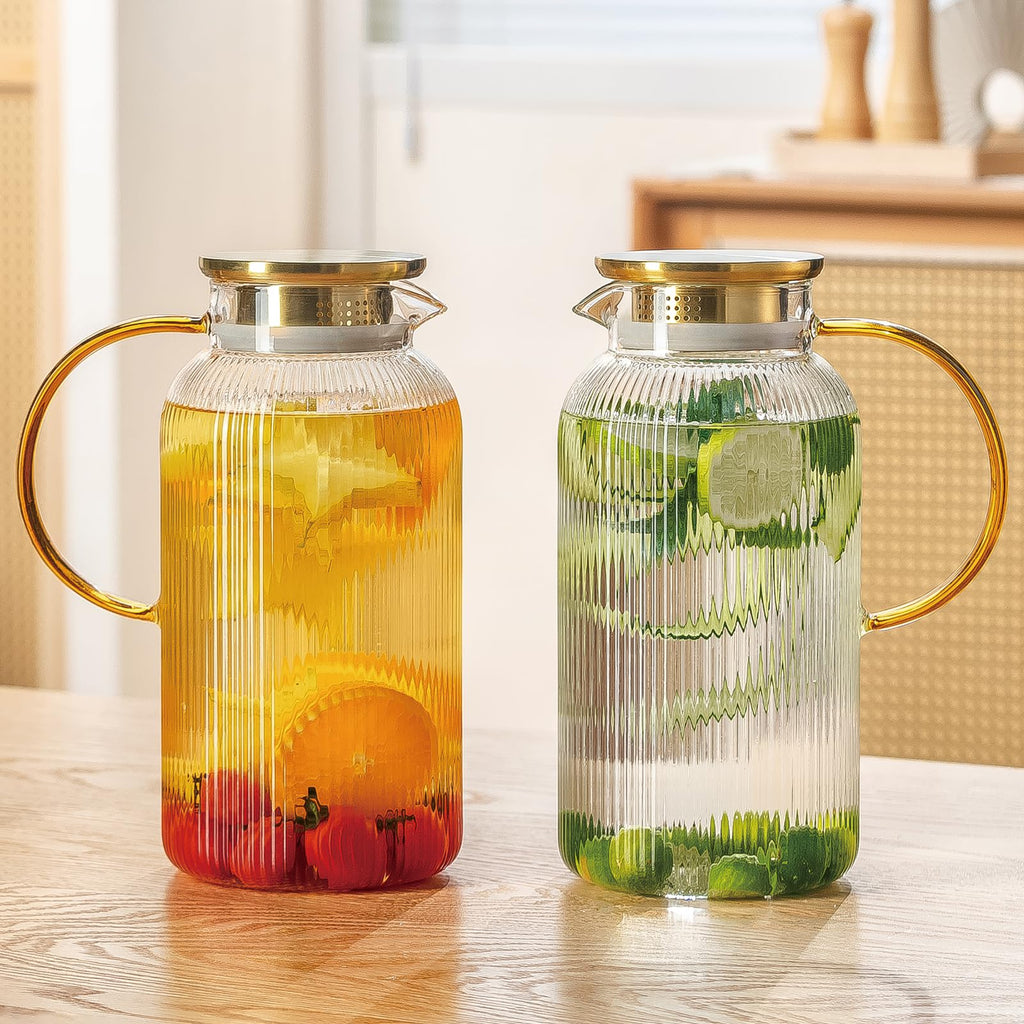 Buaic 2 PACK Glass Pitcher with Lid, 68 oz Glass Carafe with Silicone Base