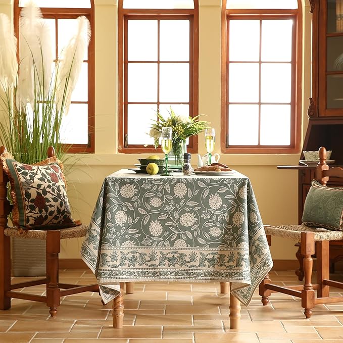 ISAENNE Designer Linen Green Rectangular Tablecloth,102"x63"-Andrew A