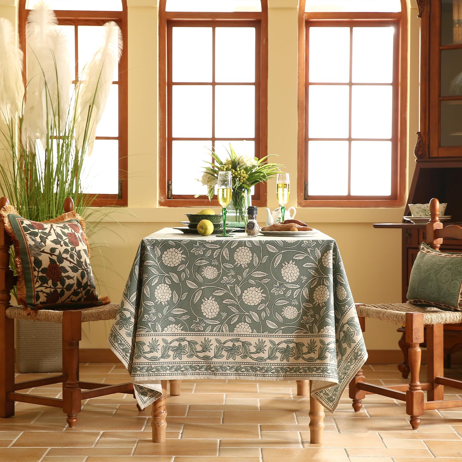 ISAENNE Designer Linen Green Square Tablecloth,67"x67"-Andrew A