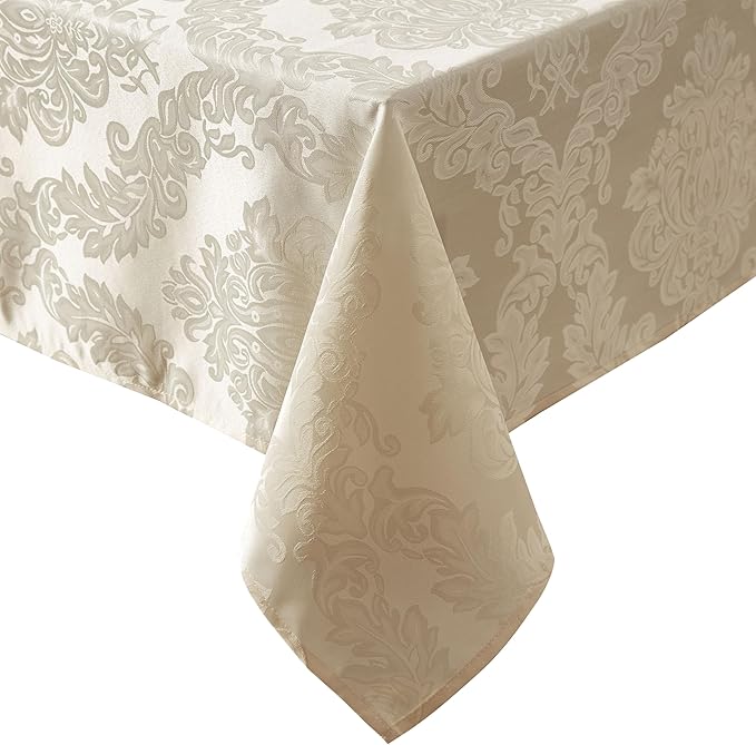 Newbridge Barcelona Luxury Damask Fabric Tablecloth, 70” Round, Golden Beige, 100% Polyester, No Iron, Soil Resistant Dining Room, Party and Banquet Table Cover