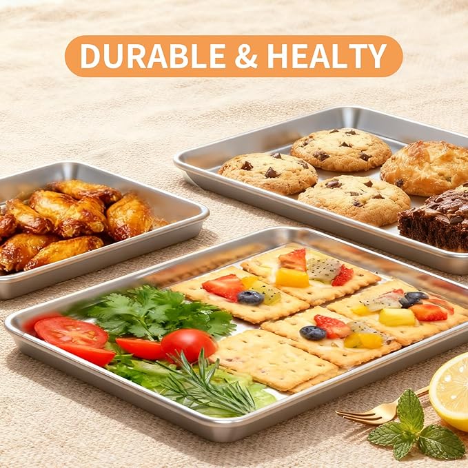 Baking Sheet Set of 3, Stainless Steel Cookie Sheets Baking Sheet Pan, 10.5/12.4/16 Inch, Thicker and Firmer Baking Pans Set, Non-stick, Non toxic & Heavy Duty & Easy Clean, Dishwasher Safe