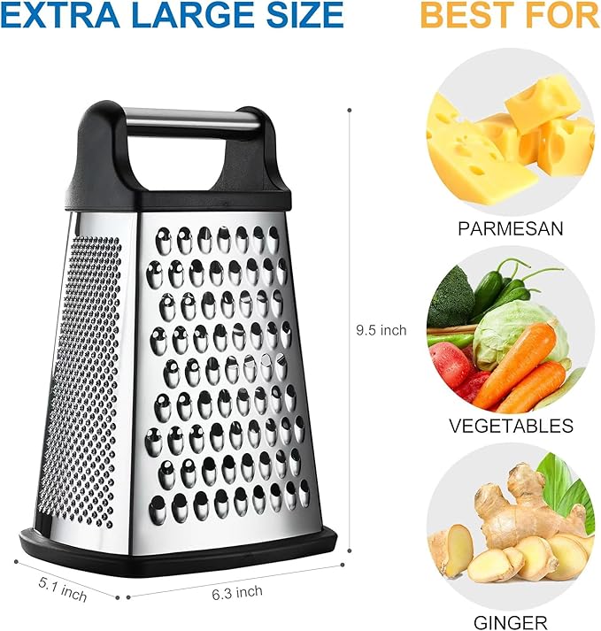 OIM Omiiomio Professional Cheese Grater - Stainless Steel, XL Size, 4 Sides - Perfect Box Grater for Parmesan Cheese, Vegetables, Ginger - Dishwasher Safe - Black
