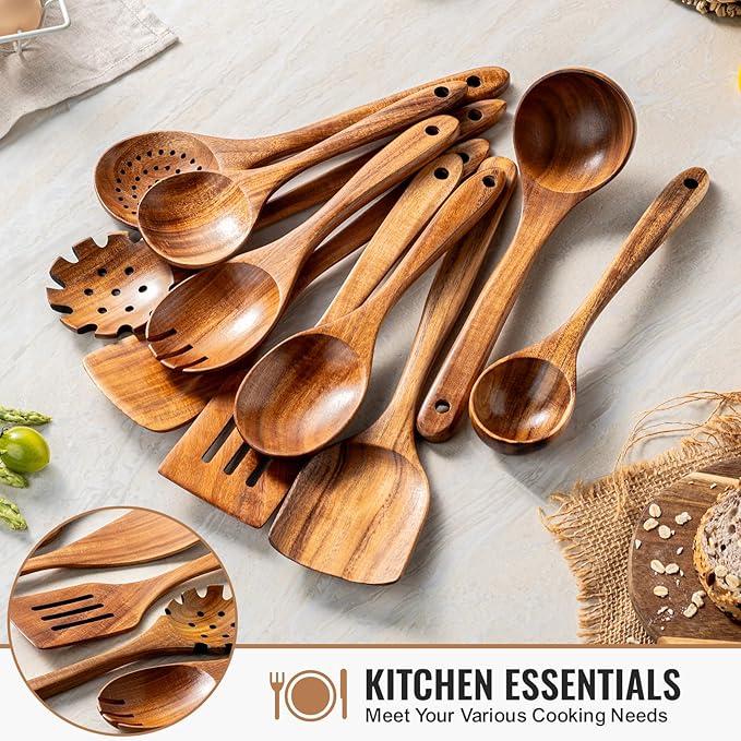 Terlulu 10 Pcs Wooden Spoons for Cooking, Natural Teak Wooden Kitchen Utensils Set, Durable Cooking Utensils Set with Comfort Grip for Cookware, Smooth Finish&NonStick& Heat Resistant Wooden Spatula