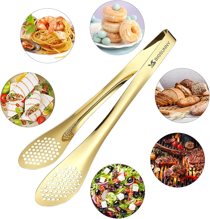 MSY BIGSUNNY Stainless Steel Buffet Tongs - 11" Kitchen Food Tong for Cooking and Serving, Set of 2, Gold