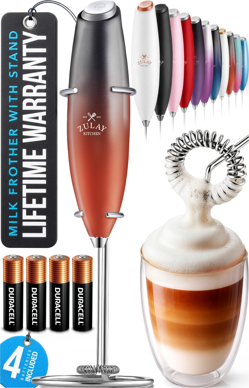 Zulay Kitchen Powerful Milk Frother Wand With Duracell Batteries - Ultra Fast Handheld Drink Mixer - Electric Whisk Foam Maker for Coffee, Lattes, Cappuccino & Matcha - Z1 Motor - Black & Red