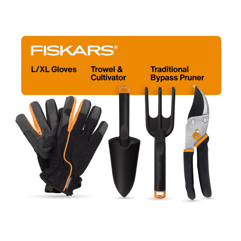 Fiskars 4-Piece Tool Set, Pruning Shears, Trowel, Cultivator & L/XL Gloves