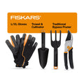 Fiskars 4-Piece Tool Set, Pruning Shears, Trowel, Cultivator & L/XL Gloves
