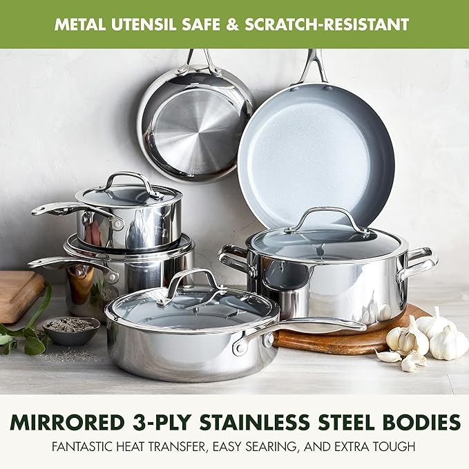 GreenPan Valencia Pro Stainless Steel 10 Piece Cookware Pots and Pans Set, Induction Suitable Mirrored Tri-Ply, Ceramic Nonstick PFAS-Free Coating, Multi Clad, Dishwasher Oven & Broiler Safe