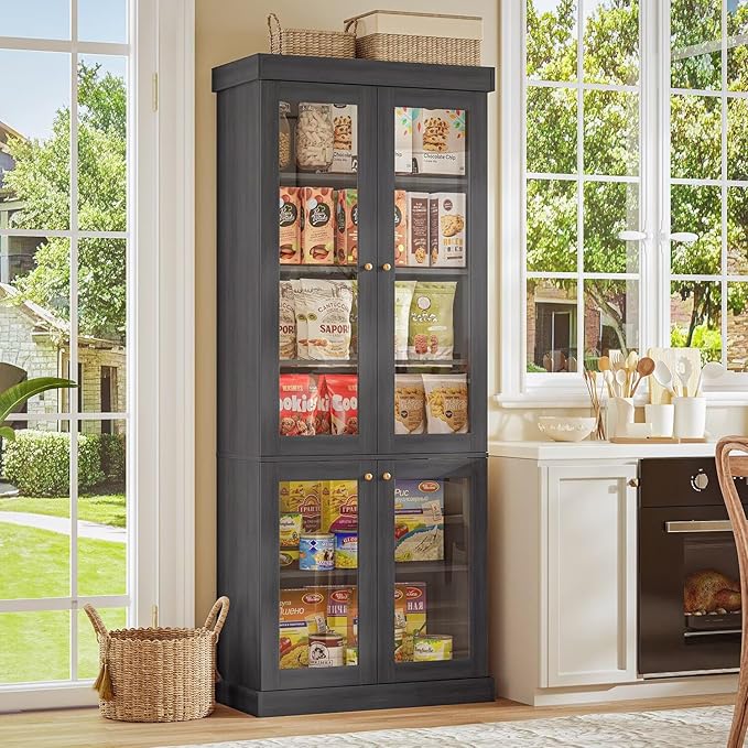 70.8" Tall Farmhouse Bookshelf, Modular Bookcase with Glass Doors, 6-Tier Adjustable Shelves, Large Storage Cabinet for Kitchen, Living Room, Black, Set of 2