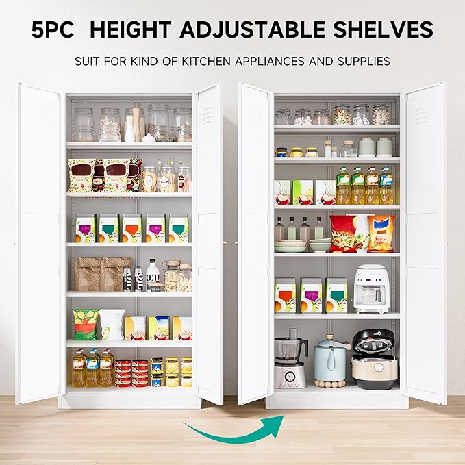 SISESOL 71" Tall Pantry Cabinet with 2 Doors and 5 Shelves,Kitchen Pantry Storage Cabinets,White Metal Storage Cabinet,Wide Deep Food Cupboard for Home,Kitchen,Dining/Living Room