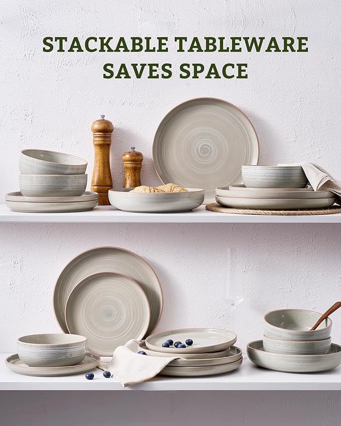 Famiware Meteor 12-Piece Stoneware Dinnerware Set, Matcha Green