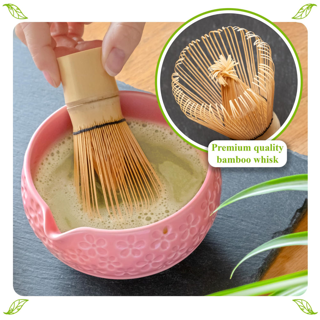 Marce Matcha Whisk Set- Matcha Set includes Matcha Whisk and Bowl with Spout, Sifter, Holder and Scoop- The Perfect Bamboo Whisk for Matcha Tea (Pink Flowers)