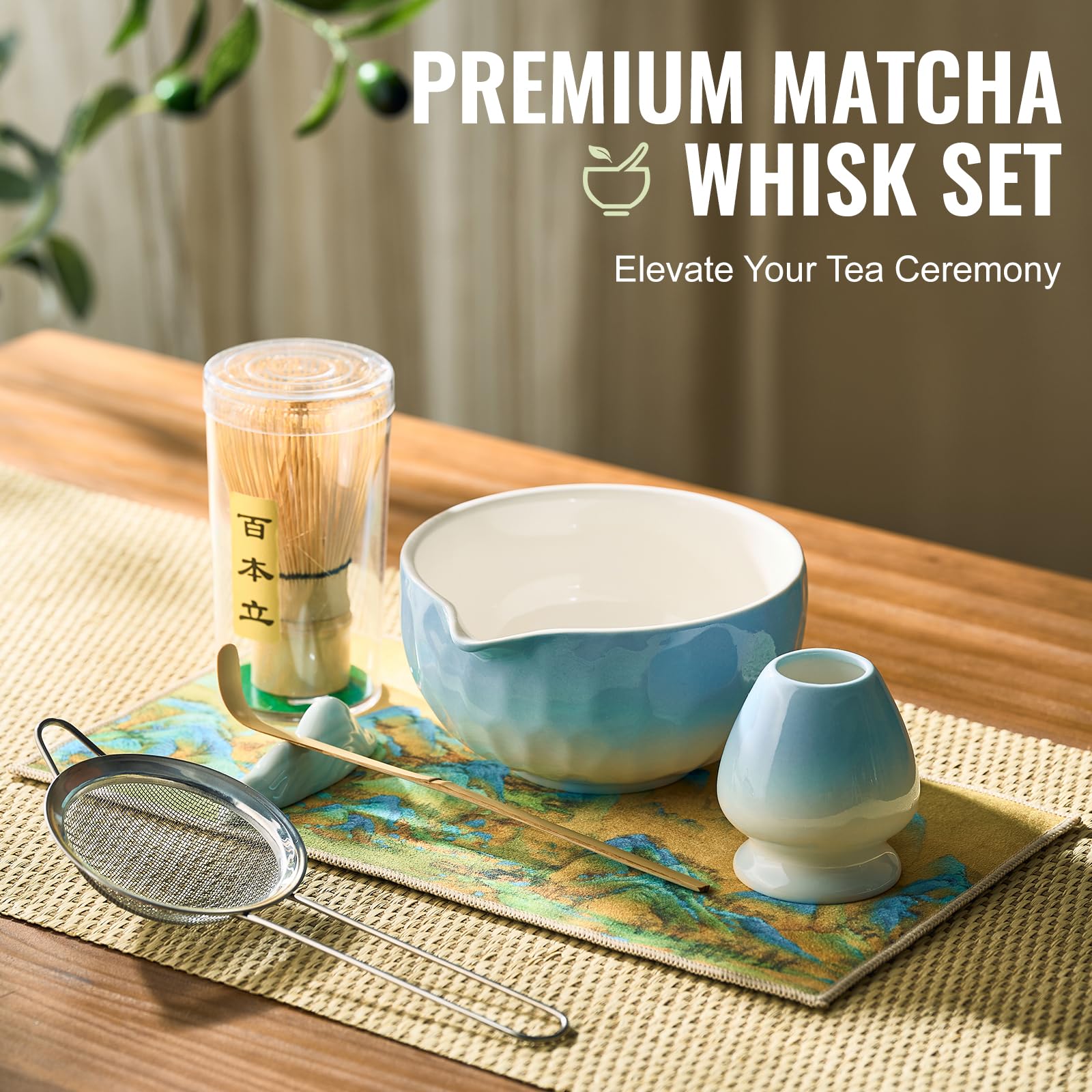 Matcha Whisk Set 7 Pcs Matcha Sets Blue, matcha Kit with Bowl, Whisk and Holder, Bamboo Scoop, Scoop Rest, Sifter & Tea Towel, Tea Gifts for Matche Lovers Making Breakfast Latte
