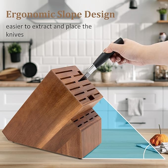 Knife Block for Kitchen Countertop - 20 Slot Universal Knife Holder with Acacia Wood, Large Knife Storage Organizer for Butcher Block, Knife Block Storage without Knives, Easy for Knife set