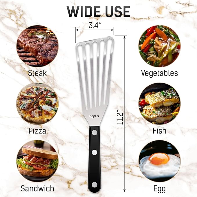 AGRUS Fish Spatula Stainless Steel, Size 11 inch, Blade 6.5 inch, Plastic Handle, Flexible Metal, Angled Slotted Turner