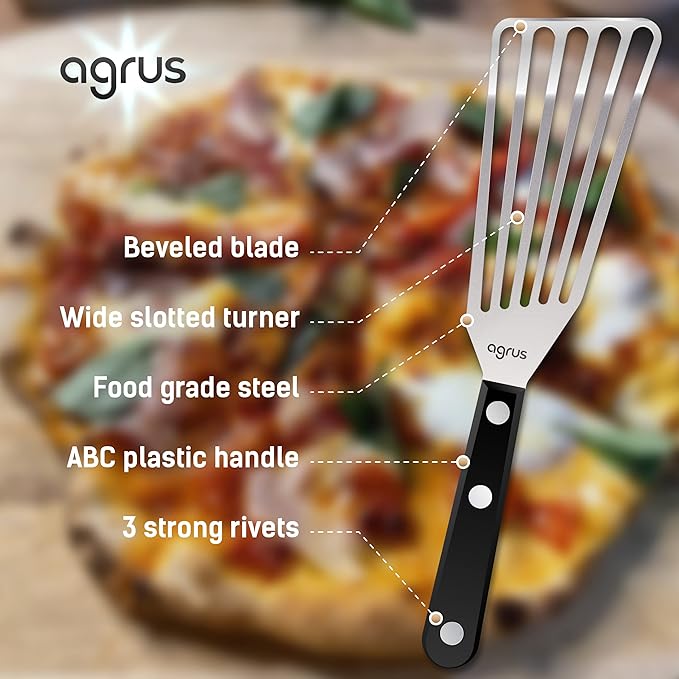 AGRUS Fish Spatula Stainless Steel, Size 11 inch, Blade 6.5 inch, Plastic Handle, Flexible Metal, Angled Slotted Turner