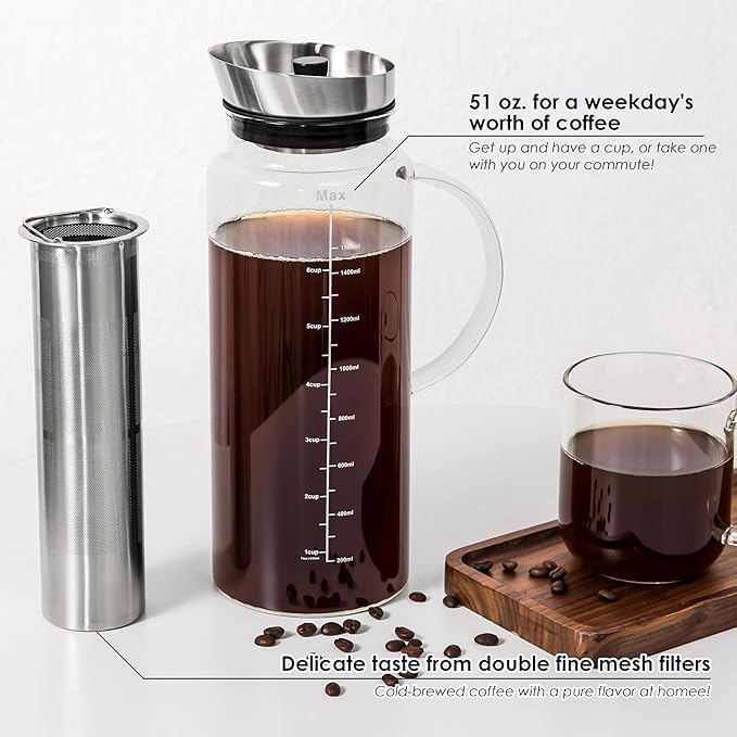 Aquach 51oz Cold Brew Coffee Maker, Borosilicate Glass Pitcher for Iced Tea