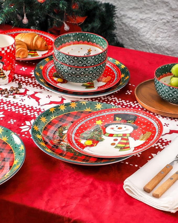 Hasense Dinnerware Set of 4, Ceramic Holiday Plates and Bowls Sets with Mugs, 16 Pieces Chip & Scratch Resistant Serving Dishes for Party Everday Use, Microwave and Dishwasher Safe