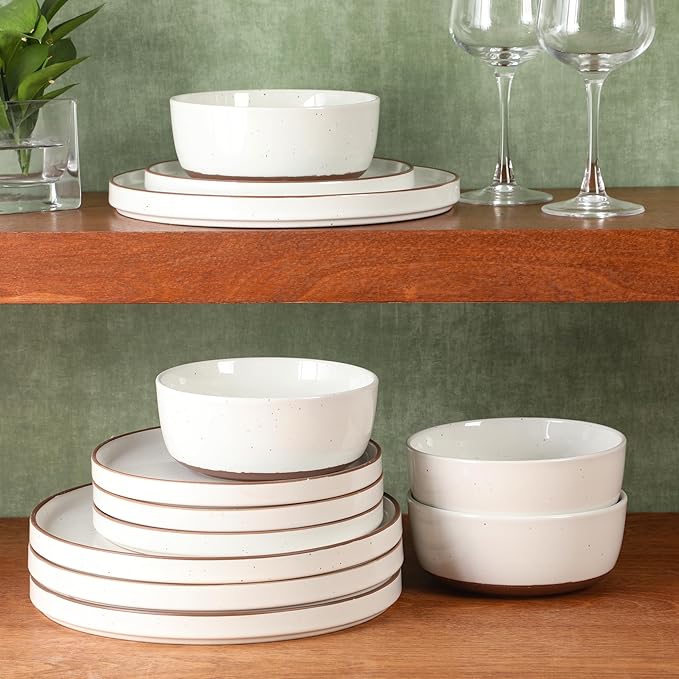 Gibson Elite Northrock Stoneware Dinnerware Set, 12-Piece Service for 4 Plates and Bowls Set – White Dishes with Hand-Painted Terracotta Base
