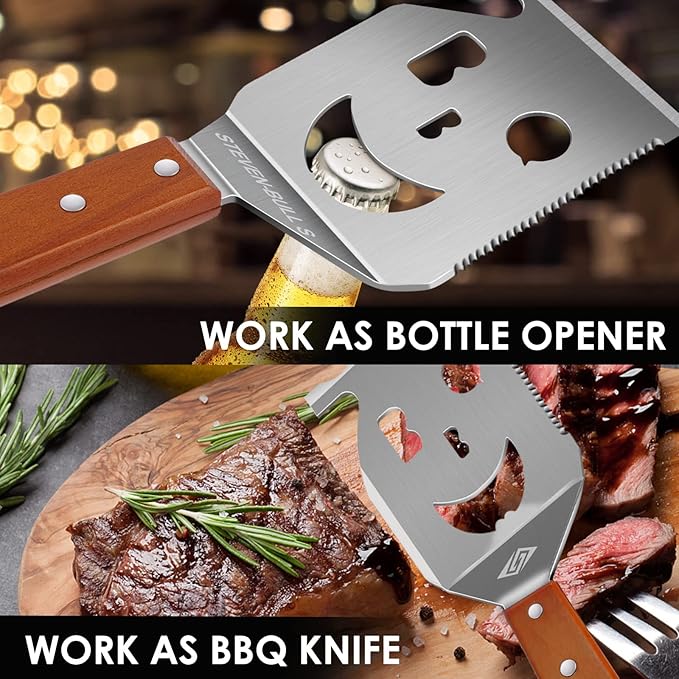 STEVEN-BULL S Heavy Duty BBQ Grill Tongs and Spatula for Outdoor Grill, 17” Long 5-in-1 Grill Spatula Comes with an 16” Long Locking Kitch Tongs, Best BBQ Gifts for Barbecue Grilling Master