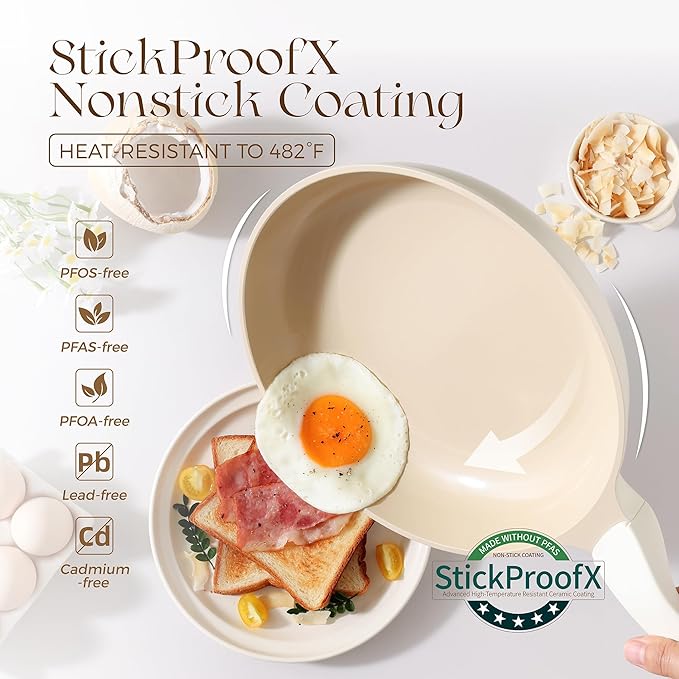 PRICUSIS Nonstick Ceramic Frying Pan with Lid, 8/10 Inch Skillet with Stay Cool Handle, Fully Coated, 100% Dishwasher Safe, PTFE PFAS & PFOA Free (10 Inch, Coconut White