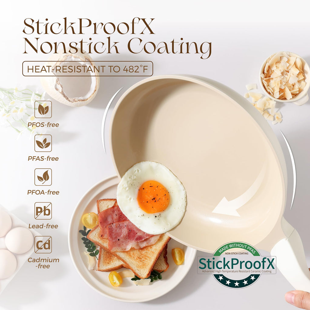 PRICUSIS Nonstick Ceramic Frying Pan, 8/10 Inch Skillet with Stay Cool Handle, Fully Coated, Induction Compatible, 100% Dishwasher Safe, PTFE PFAS & PFOA Free（8 Inch, Coconut White）