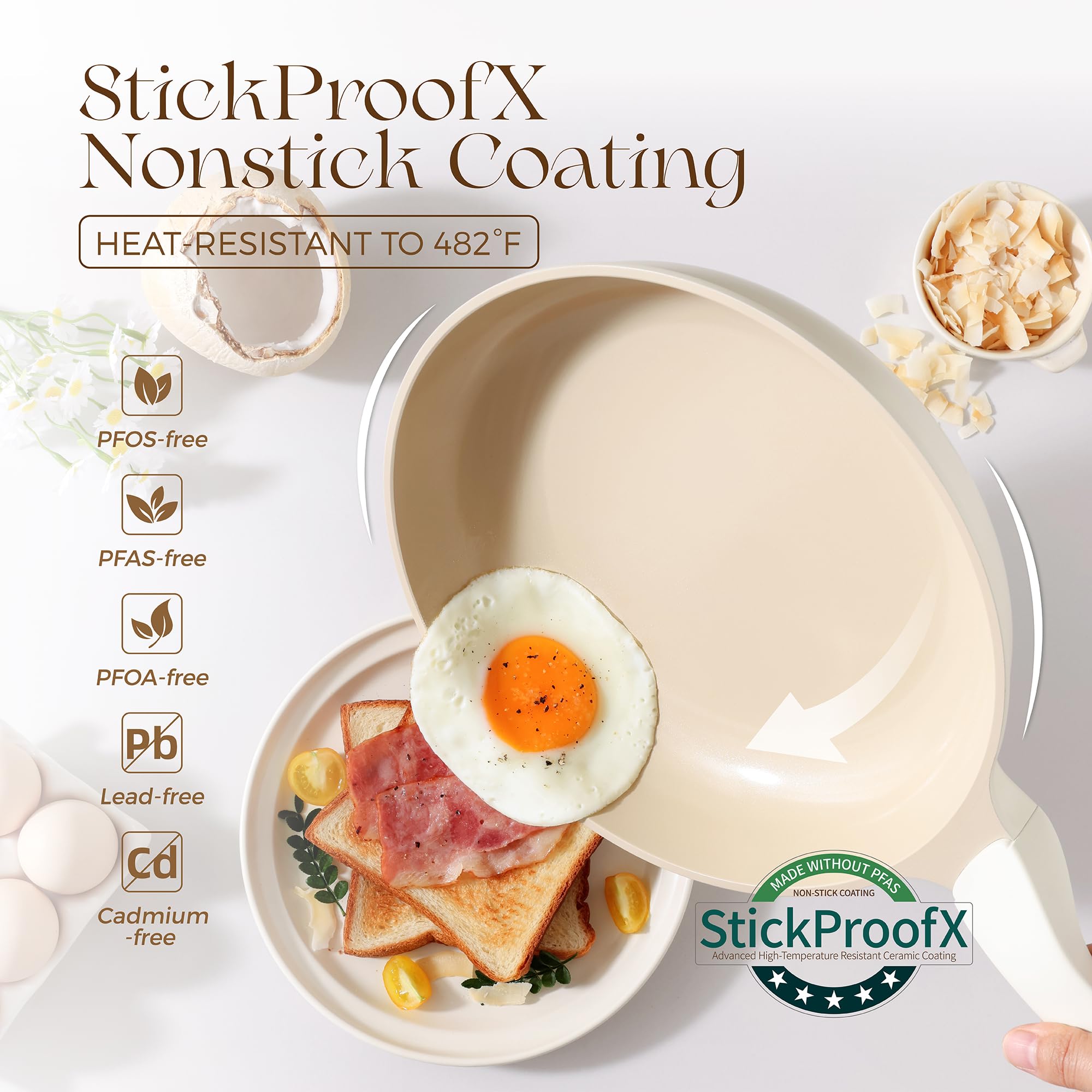 PRICUSIS Nonstick Ceramic Frying Pan with Lid, 8/10 Inch Skillet with Stay Cool Handle, Fully Coated, 100% Dishwasher Safe, PTFE PFAS & PFOA Free (10 Inch, Coconut White