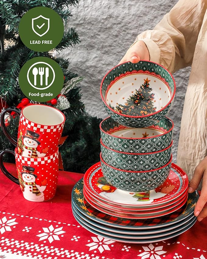 Hasense Dinnerware Set of 4, Ceramic Holiday Plates and Bowls Sets with Mugs, 16 Pieces Chip & Scratch Resistant Serving Dishes for Party Everday Use, Microwave and Dishwasher Safe