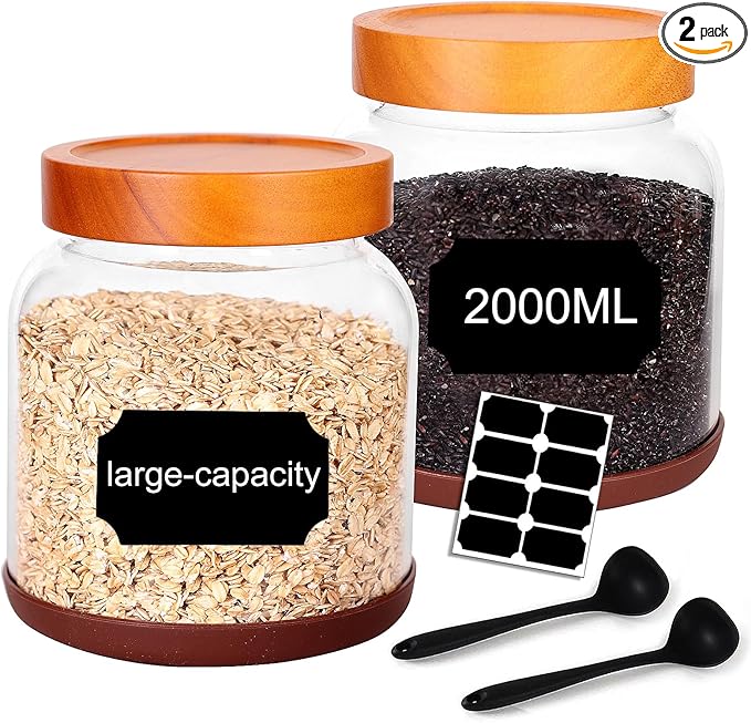 SAIOOL 2-Pack Striped Borosilicate Glass Airtight Canisters - Big mouth Large Capacity, Acacia Wood Lid, Food Storage Jars for Flour, Pasta, Pantry Organization (1/2 Gallon （Strew 2 pack）)