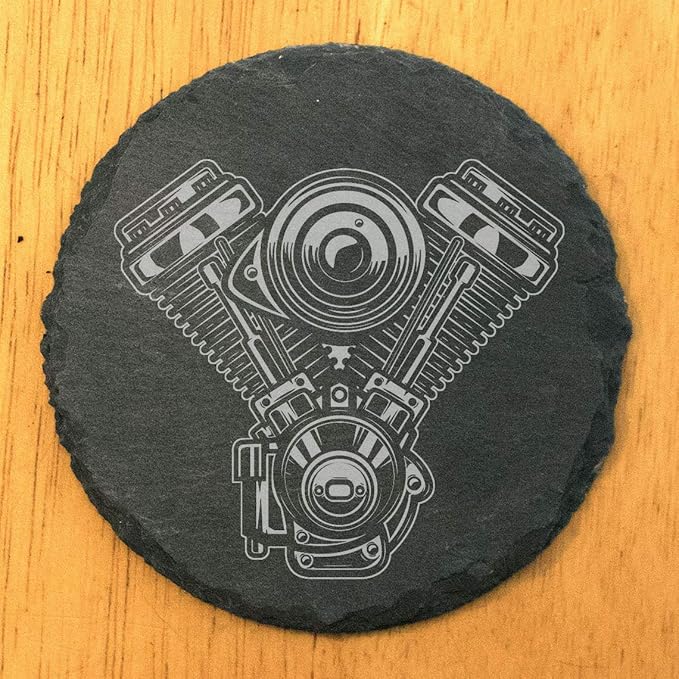 Bold V-Twin Motorcycle Engine Slate Coasters Set of 8 – Round – USA Made