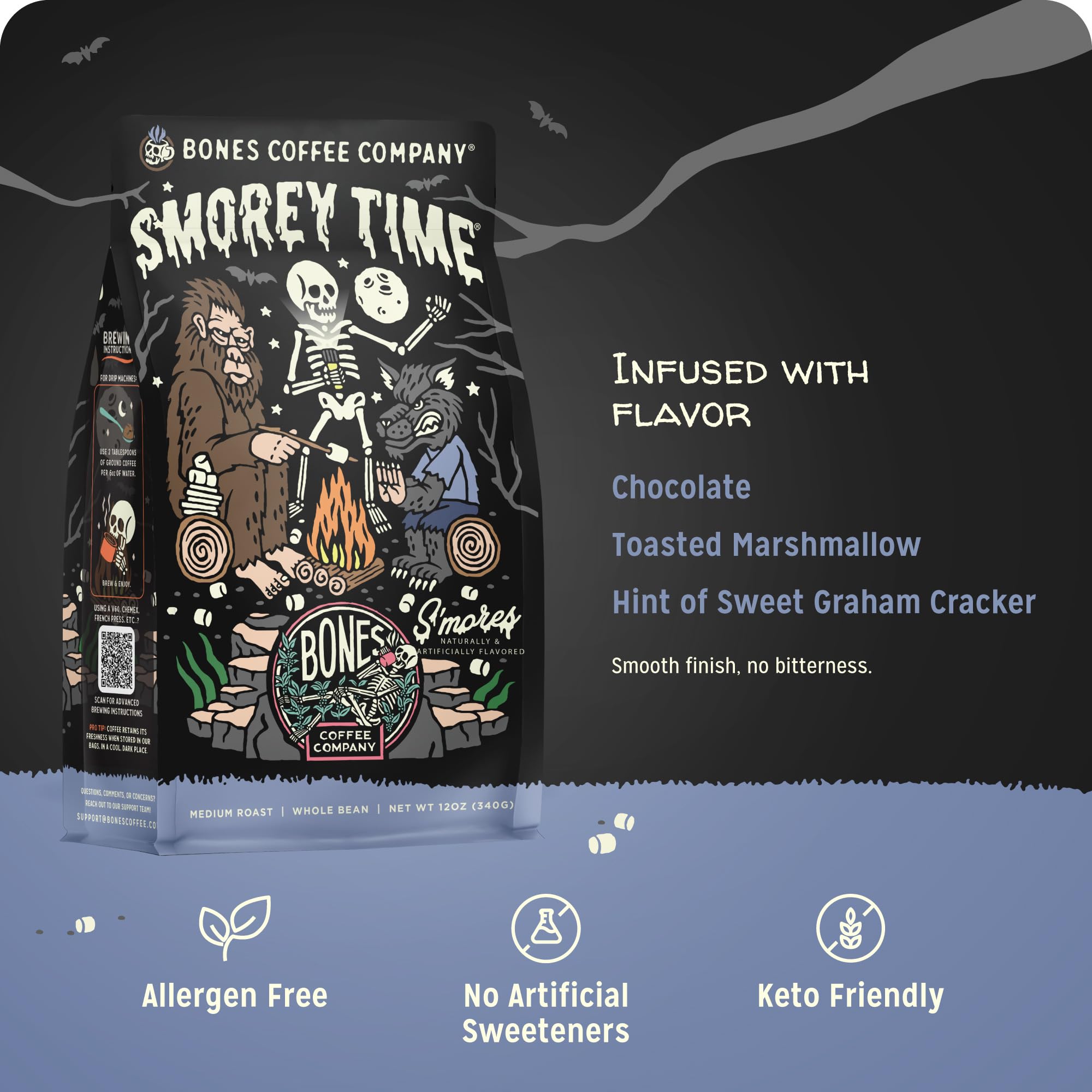 Bones Coffee Company S'morey Time Flavored Coffee - Medium Roast - Ground or Whole Bean - Low-Acid Arabica Coffee Beans - Balanced S'mores and Graham Cracker Flavor - 12 Oz