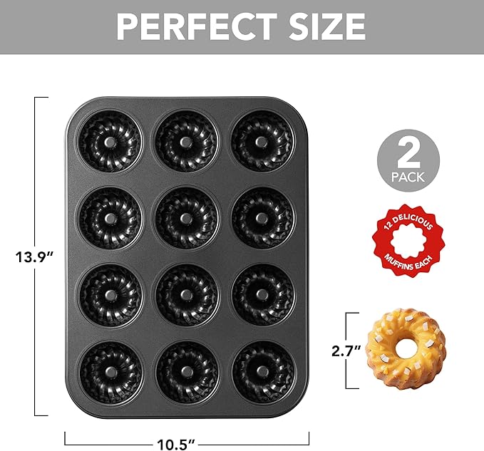 Tiawudi Mini Fluted Tube Cake Pan, 12 Cavity Baking Pan, Non-stick Baking Mold for Cupcakes, Donuts, Cornbread, Brownies, Jellies, Set of 2