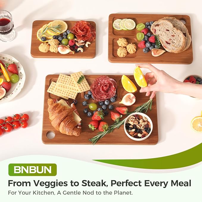 Bamboo Cutting Board for Kitchen, 3-Piece Set with Juice Grooves, Side Handles & Non-Slip Mats – Durable Bamboo Chopping Board for Meat, Vegetables and Fruits