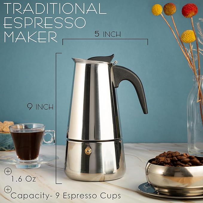 Mixpresso 9 Cup Greca Moka Pot, Stainless Steel Stovetop Espresso Maker
