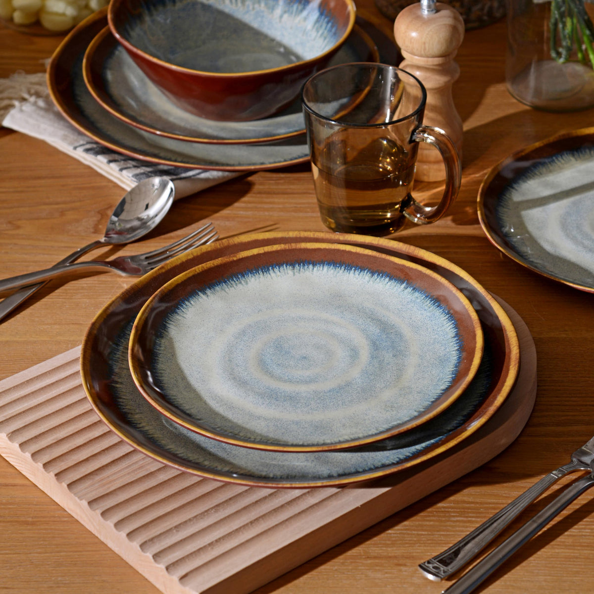 Gufaith Melamine Dinnerware Set, 12 Pcs Dishware Sets, Plate and Bowl Set Service for 4, Lightweight and Unbreakable Dinnerware Sets for Camping, Great for RV, Dishwasher Safe, Sahara Beige and Blue