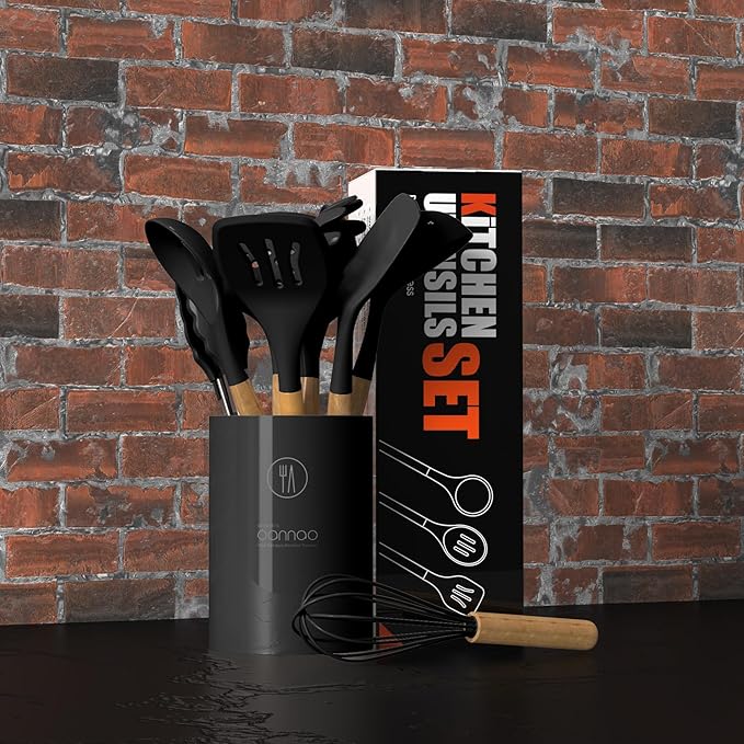 oannao Silicone Cooking Utensils Set - 446°F Heat Resistant Silicone Kitchen Utensils for Cooking,Kitchen Utensil Spatula Set w Wooden Handles, BPA FREE Gadgets for Non-Stick Cookware (Black)